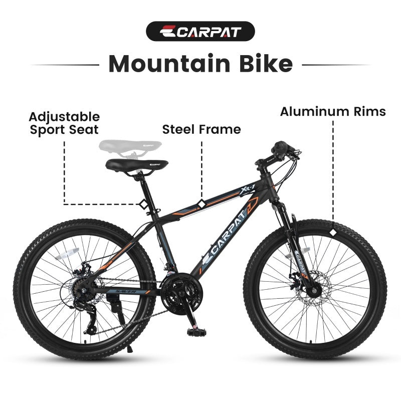 24 Inch Mountain Bike, Suitable For Boys And Girls, Steel Frame, Shimano 21 Speed Mountain Bike, With Dual Disc Brakes And Front Suspension, Banned Platform Temu