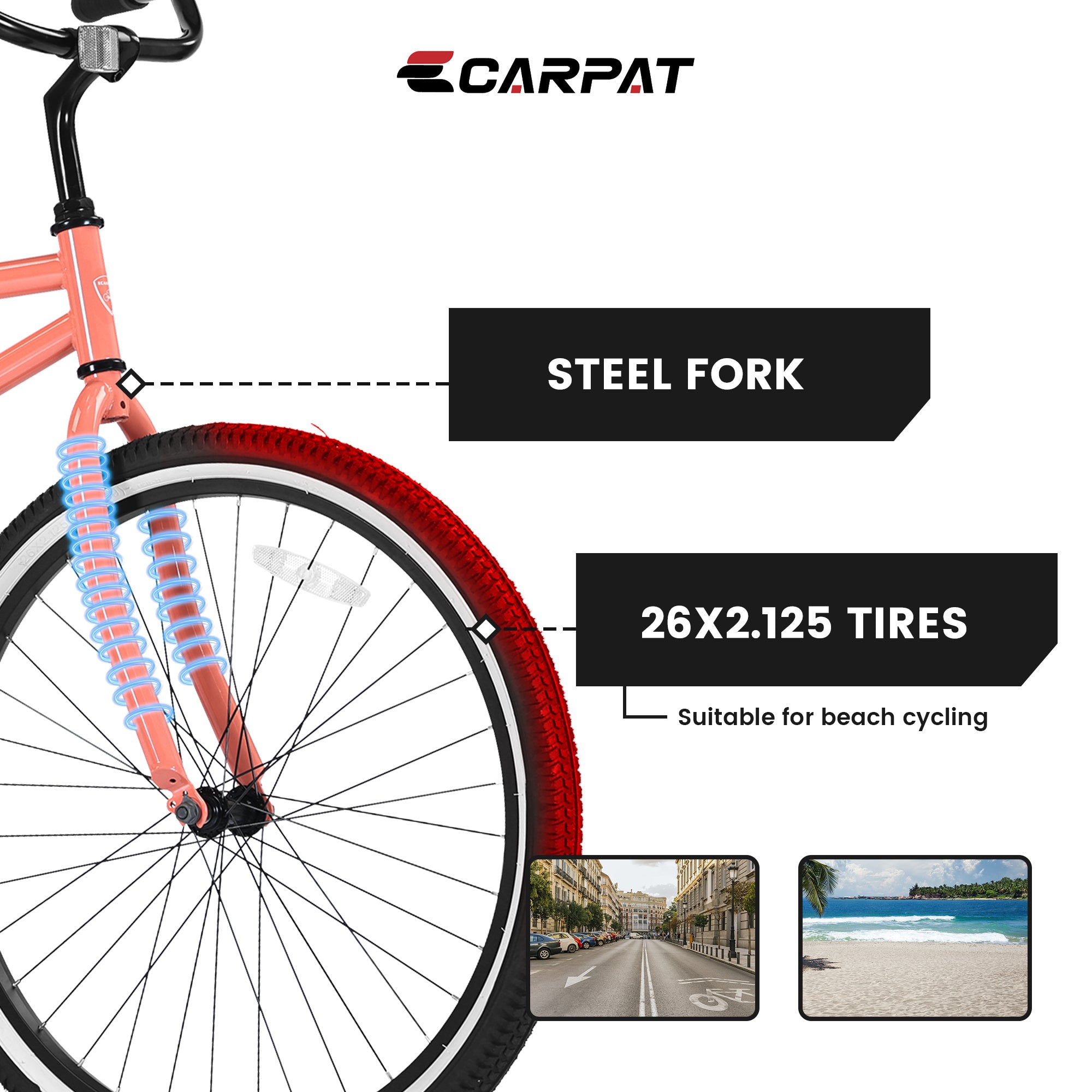 S26204 26 Inch Beach Cruiser Bike For Men And Women, Steel Frame, Single Speed Drivetrain, Upright Comfortable Rides, Multiple Colors