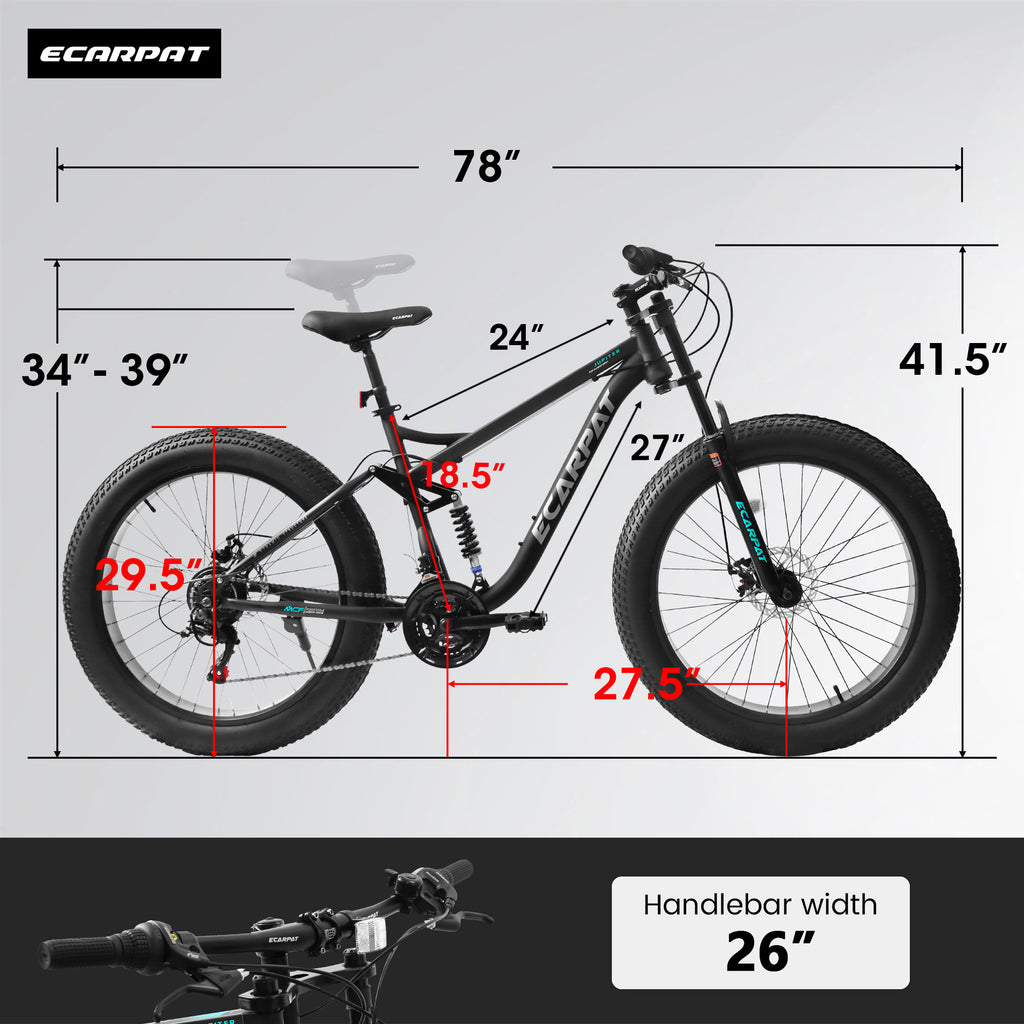 A26309 26 Inch Mountain Bike,Full-Suspension 21 Speeds Drivetrain With Disc-Brake Bicycle, Fat Tire Bike For Men