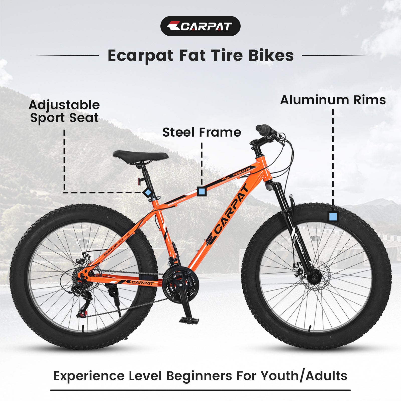 S26109 26 Inch Fat Tire Bike Adult-Youth Full Shimano 21 Speed Mountain Bike, Dual Disc Brake, High-Carbon Steel Frame, Front Suspension, Mountain Trail Bike, Urban Commuter City Bicycle
